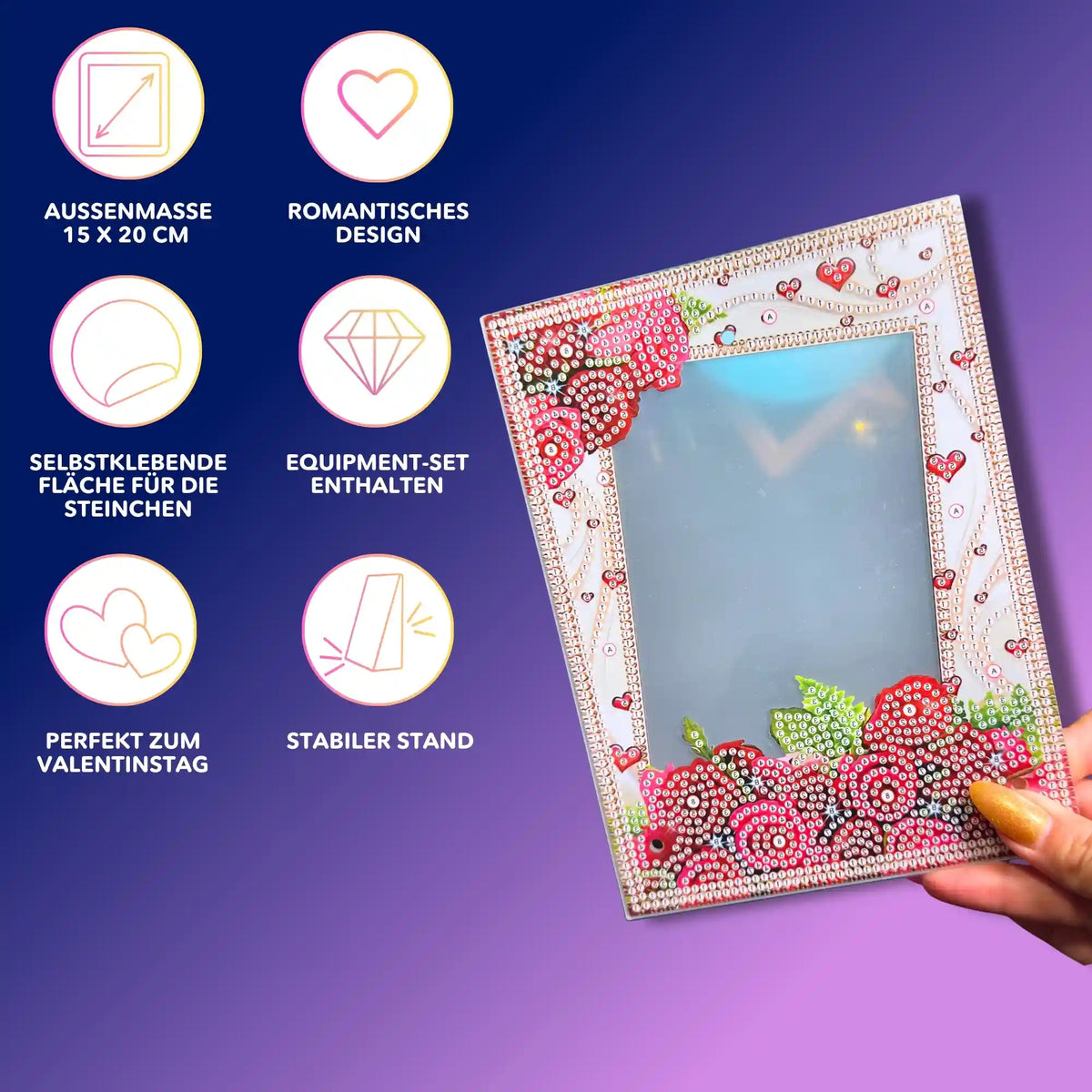 Diamond Painting Bilderrahmen 15x20 cm mit Rosen-Motiv zum Selbstgestalten als funkelnde DIY-Geschenkidee