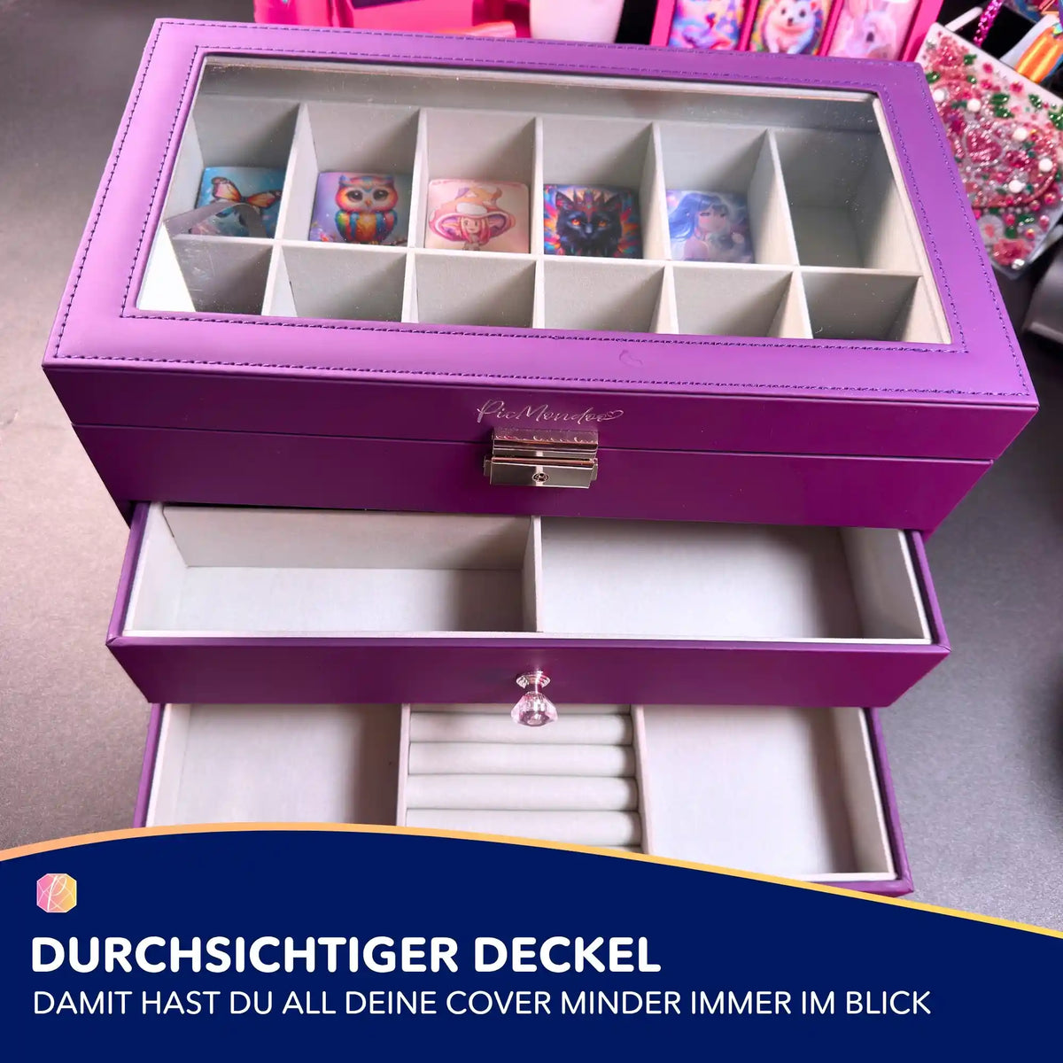 Violette Diamond Painting Truhe mit Glasdeckel zur ordentlichen Aufbewahrung von Cover Mindern und Zubehör.