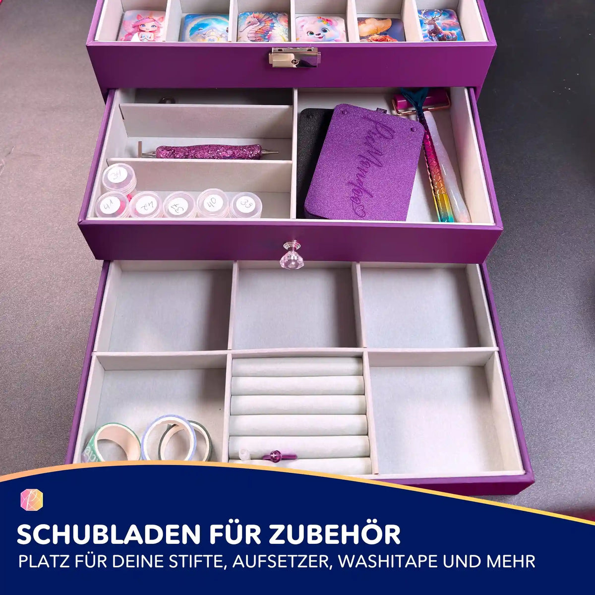 Violette Diamond Painting Truhe mit Schubladen zur organisierten Aufbewahrung von Stiften und Zubehör.