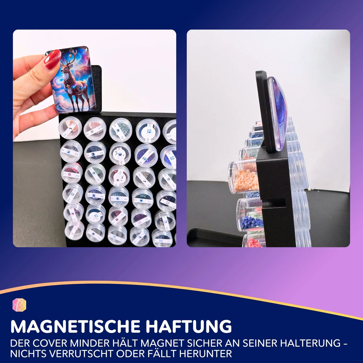 Schwarze Magnet-Halterung für Diamond Painting Coverminder an einer Döschenwand zur praktischen Zubehör-Aufbewahrung
