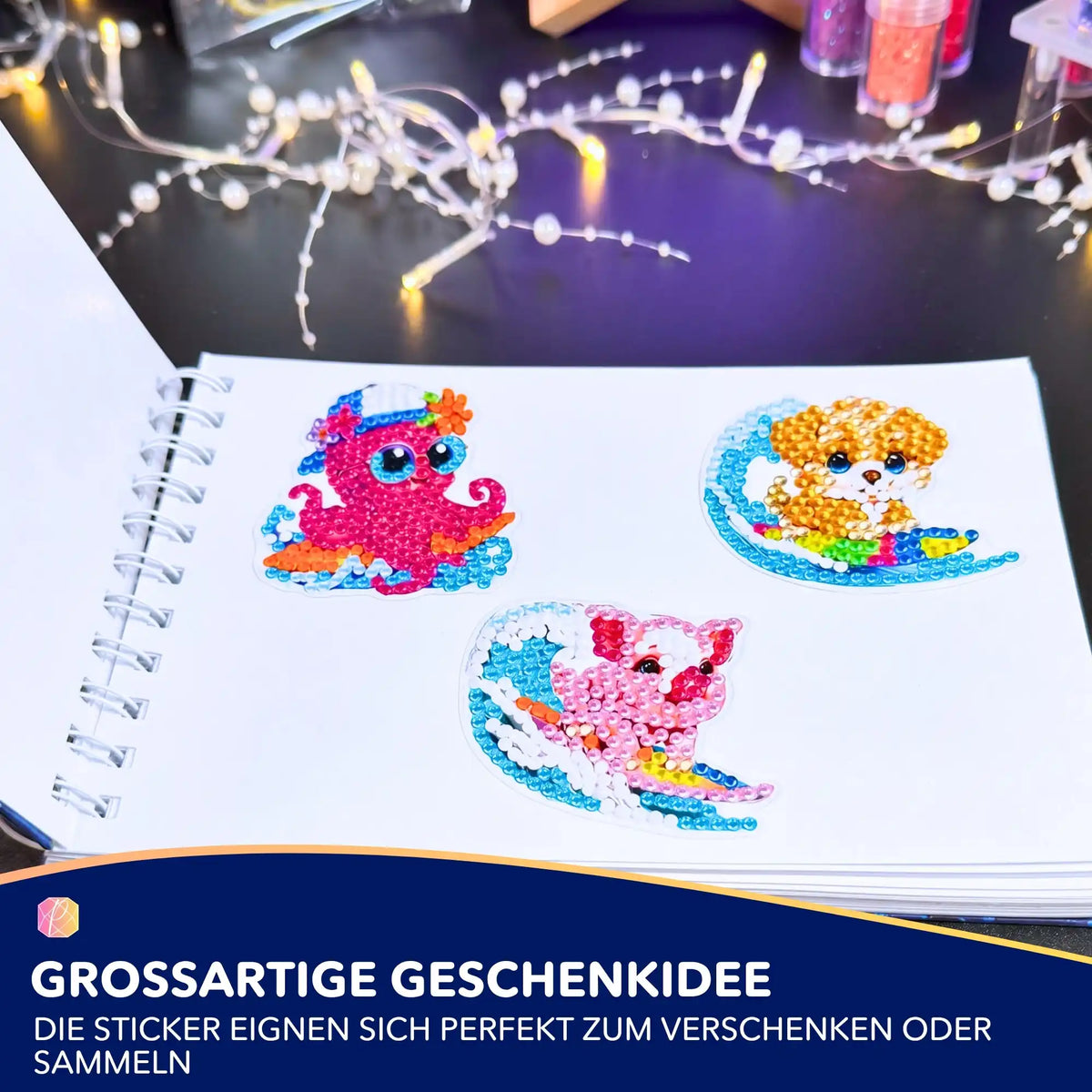 Diamond Painting Sticker Set mit bunten, glitzernden Surf-Motiven für Kinder zum Basteln und Dekorieren