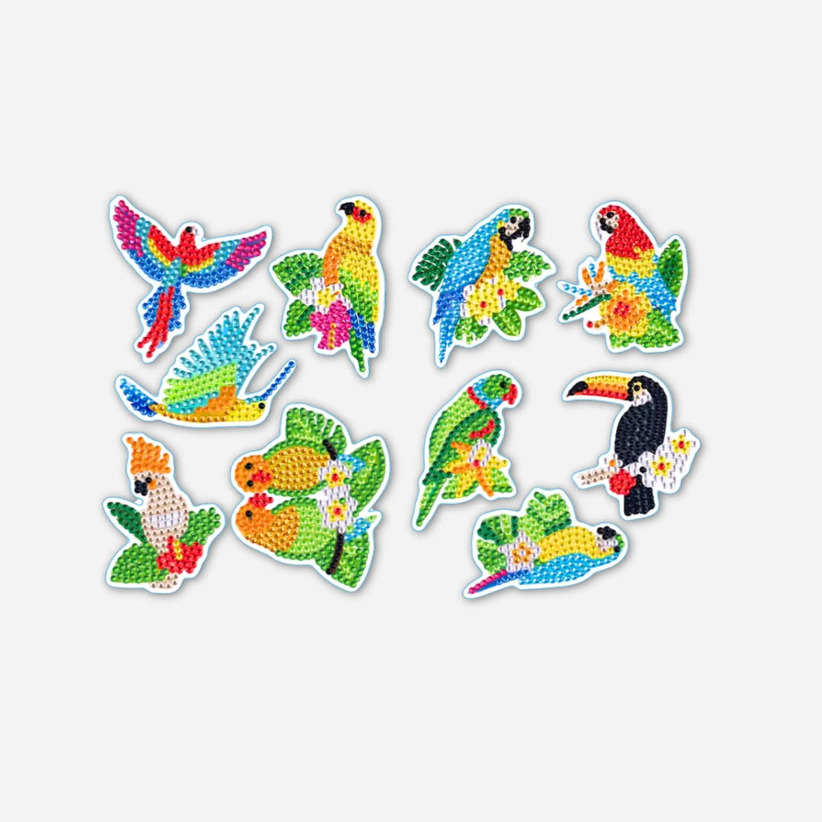 Diamond Painting Sticker Set mit bunten Vögeln, fertig besetzt mit glitzernden Steinen als kreatives DIY-Bastelprojekt.