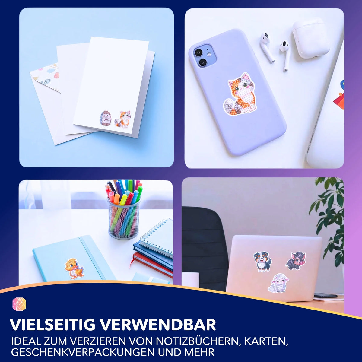 Diamond Painting Sticker Set mit niedlichen Tieren zum Verzieren von Handyhüllen, Notizbüchern und Grußkarten