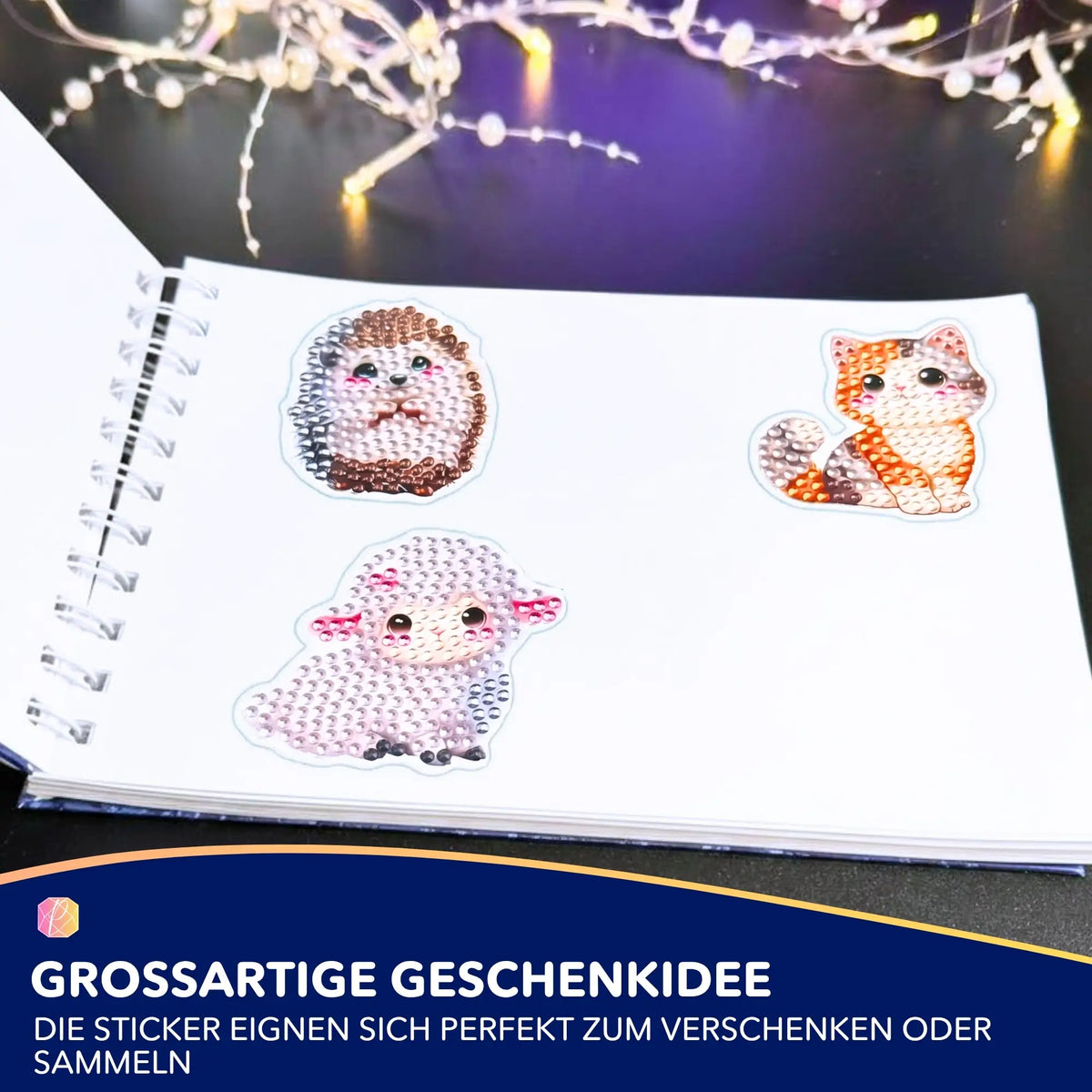 Diamond Painting Sticker Set mit niedlichen Tier-Motiven wie Igel, Katze und Schaf als glitzernde DIY-Bastelsets für Kinder.