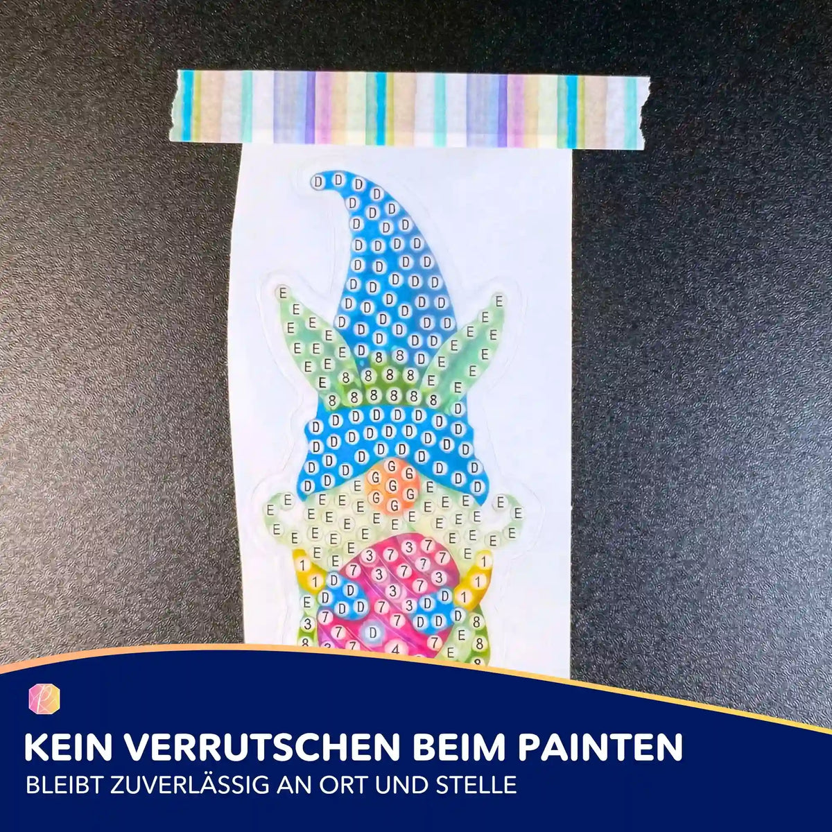 Buntes Washi-Klebeband fixiert Diamond Painting Motiv für gerade Steinreihen und saubere Arbeitsränder beim Basteln