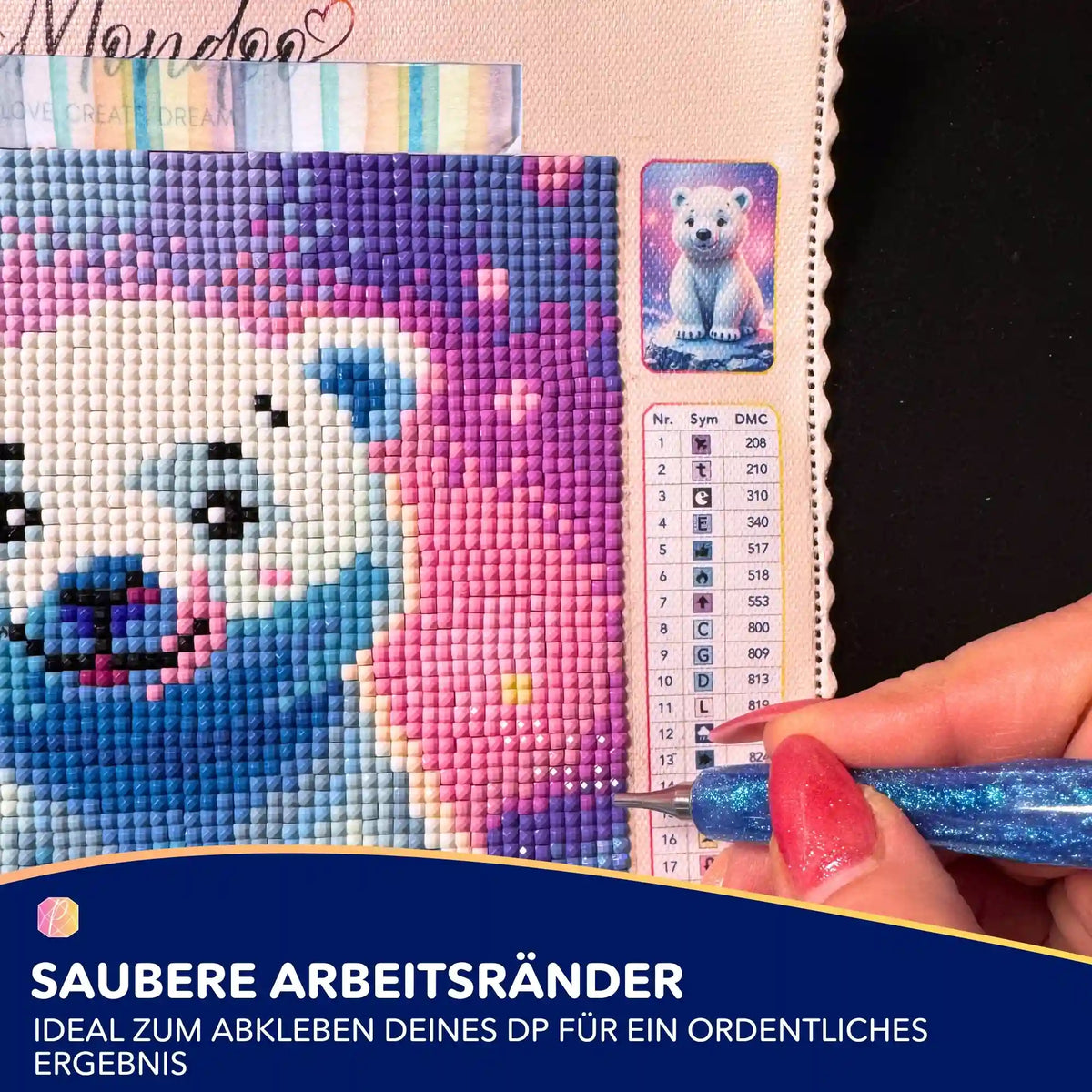 Diamond Painting Klebeband für gerade Steinreihen und saubere Ränder bei einem Eisbären-Motiv mit Glitzersteinen