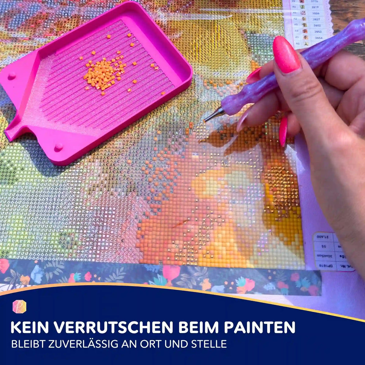 Diamond Painting Zubehör: Klebeband fixiert Leinwand mit Glitzersteinen, Schüttelbox und Stift für perfekte Steinreihen