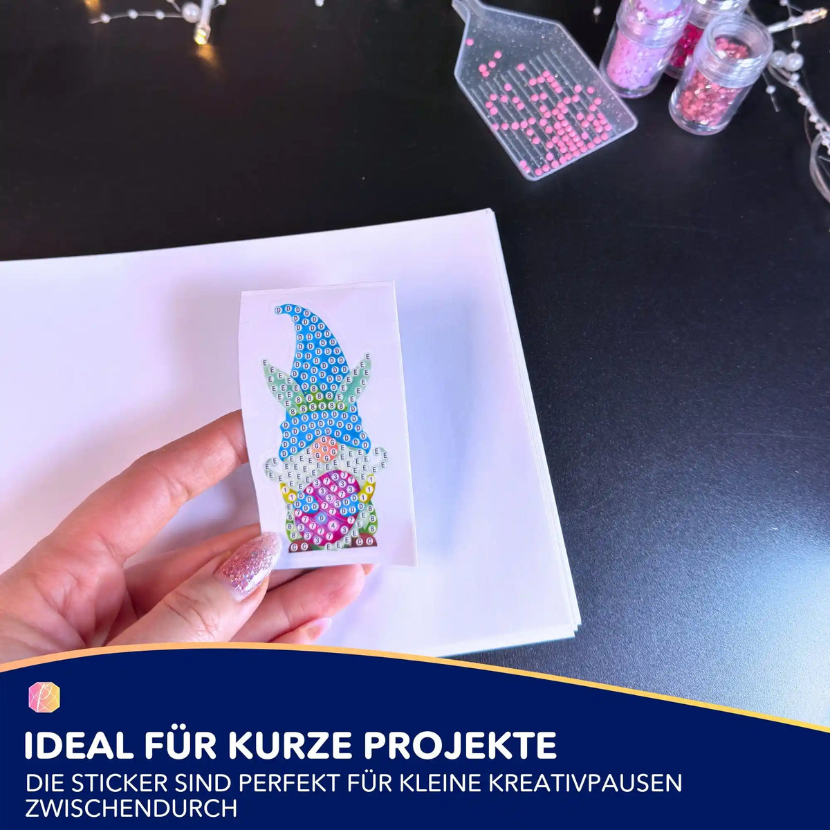 Diamond Painting Sticker mit Oster-Wichtel Motiv zum Basteln, inklusive Zubehör für kreative DIY-Osterdeko.
