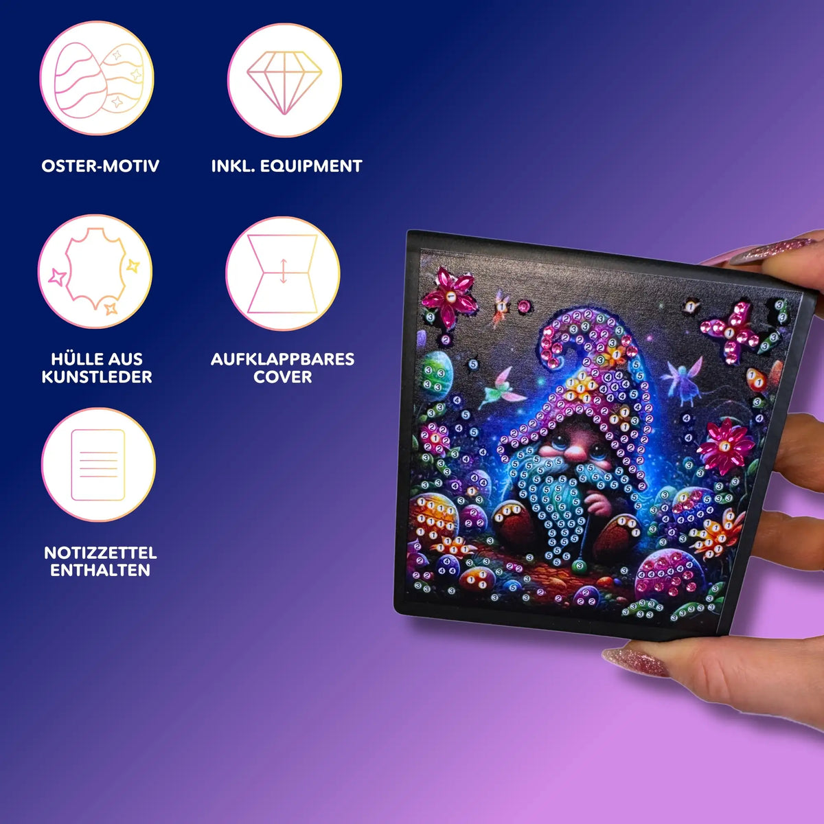 Diamond Painting Notizbuch mit Osterzwerg Motiv, inklusive Glitzersteinen und Kunstlederhülle für kreative Osterdeko.