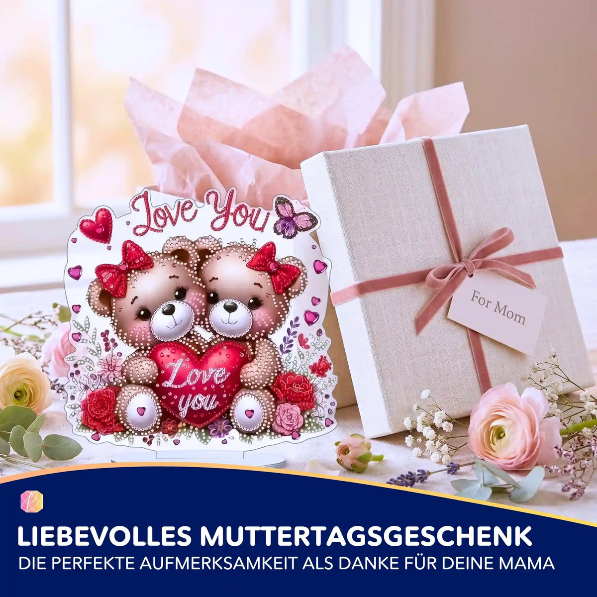 Diamond Painting Aufsteller Bären mit I Love You Motiv als Muttertagsgeschenk mit Glitzersteinen