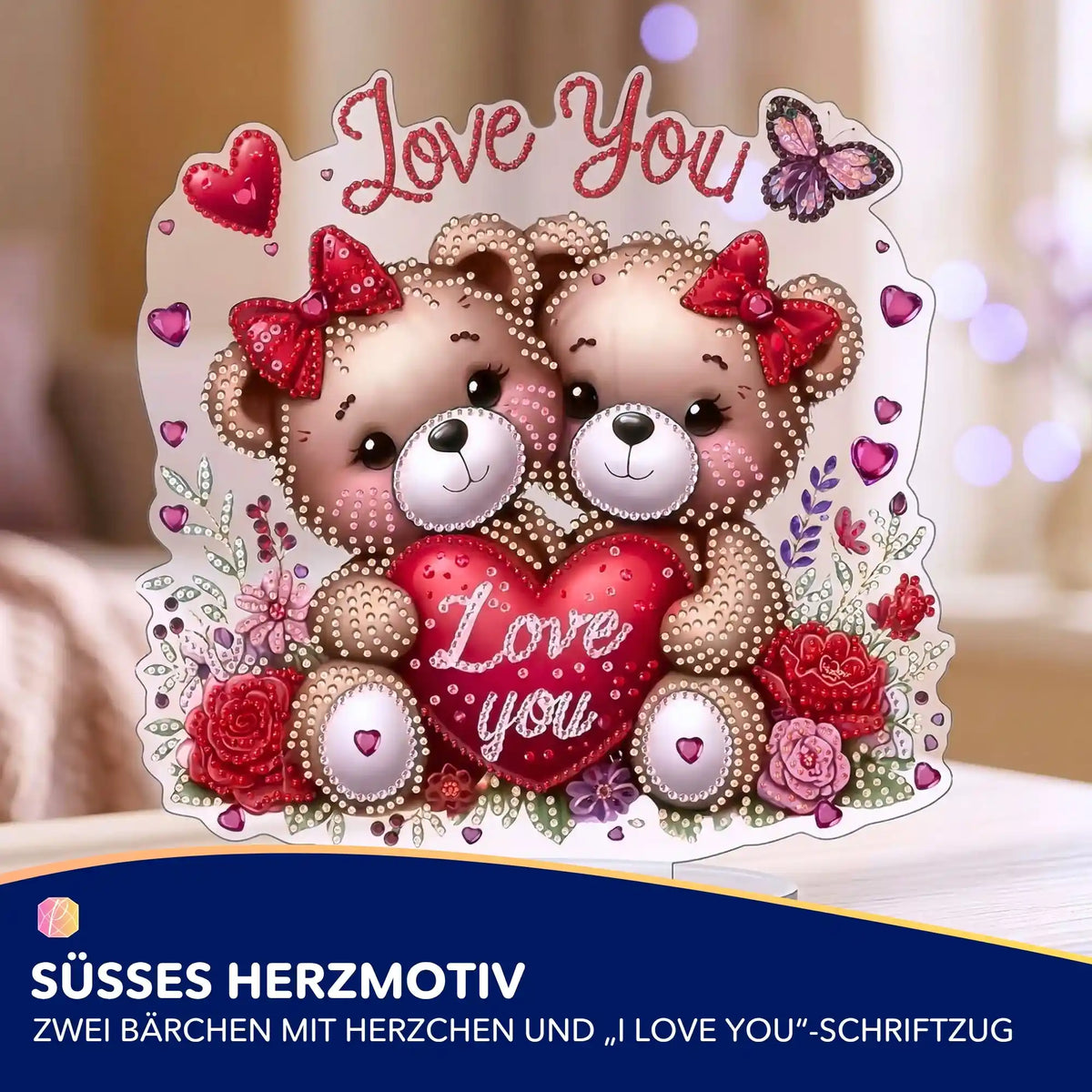 Diamond Painting Aufsteller mit zwei süßen Bären, Herzmotiv und I Love You Schriftzug als ideales Geschenk zum Muttertag