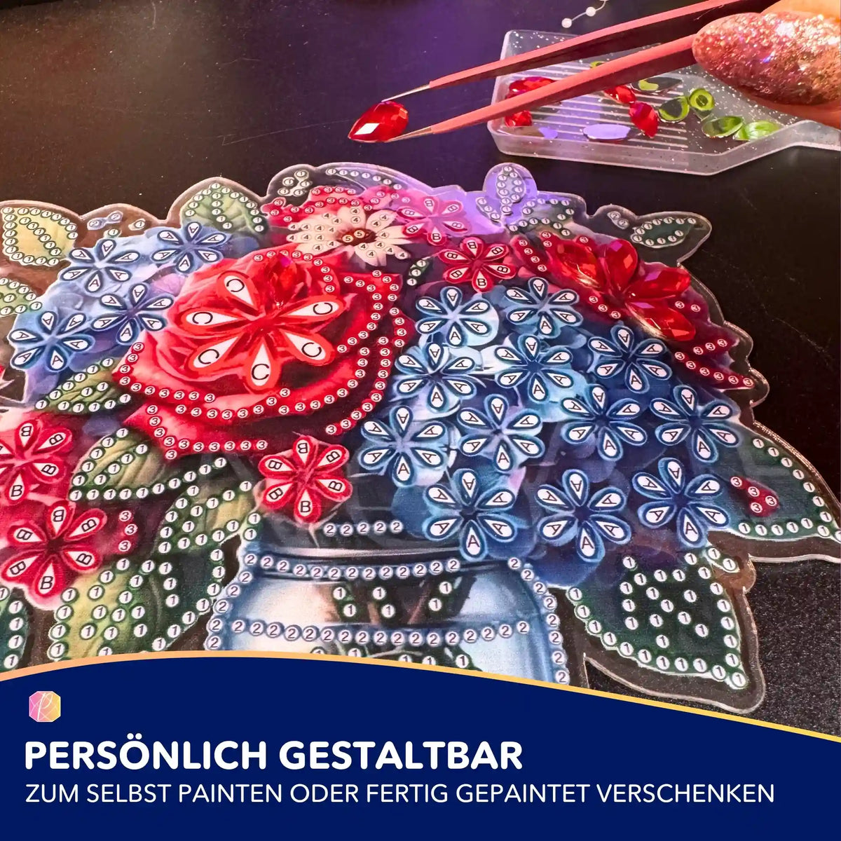 Diamond Painting Aufsteller Blumenstrauß mit Pinzette beim Setzen funkelnder bunter Steine als DIY-Geschenk für Muttertag