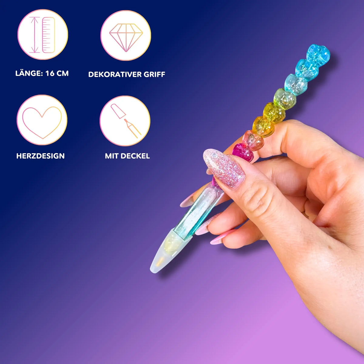 Bunter Diamond Painting Stift mit Herz-Design als praktisches Zubehör für 5D Diamanten Painting Sets.