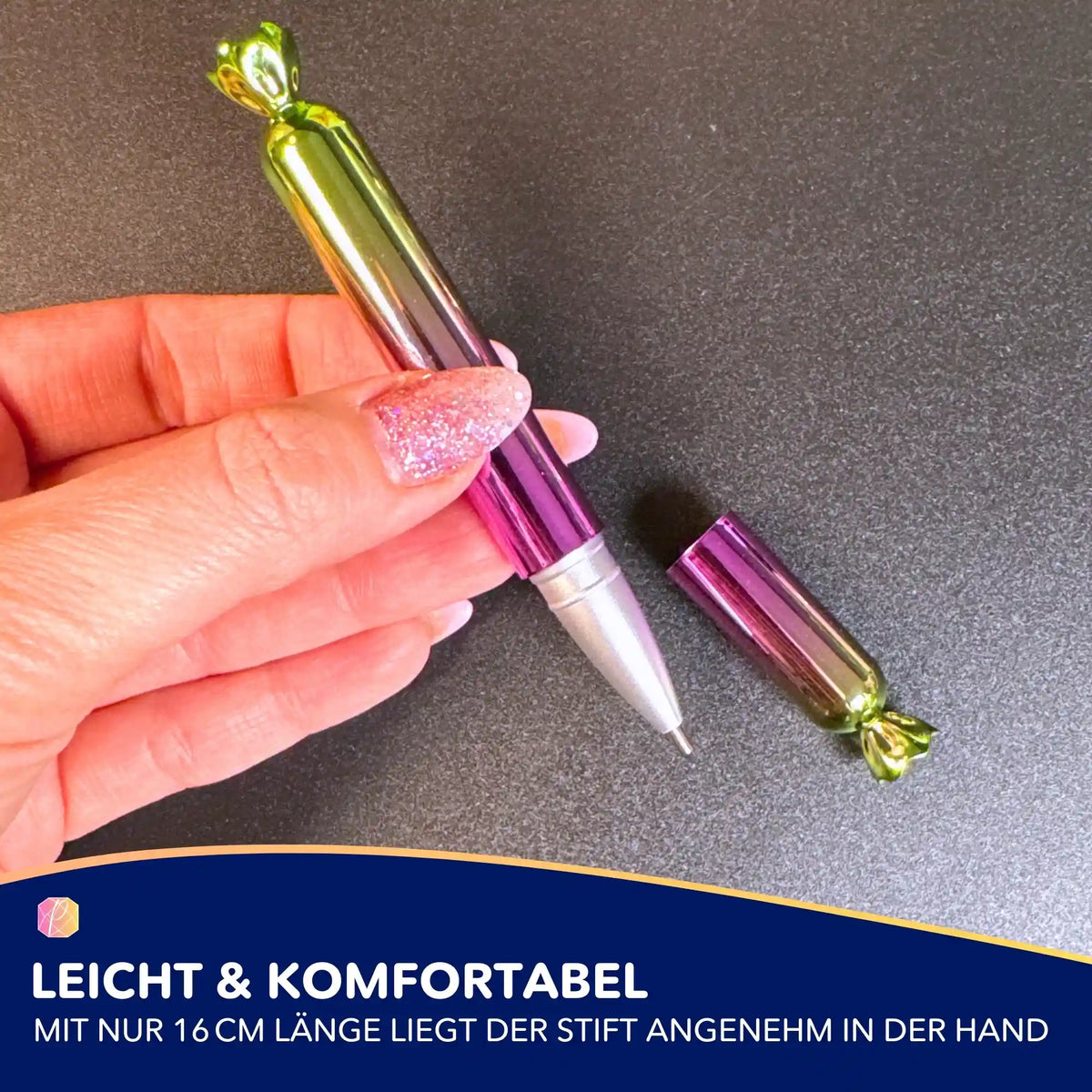 Diamond Painting Stift im bunten Bonbon-Design in Pink und Grün als praktisches Diamond Painting Zubehör für Bastler.