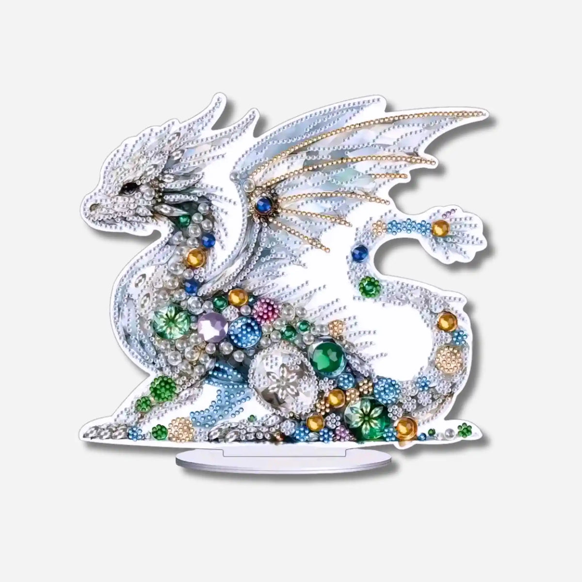 Diamond Painting Aufsteller Weißer Drache mit bunten Glitzersteinen als dekorative Fantasy-Figur für DIY-Fans