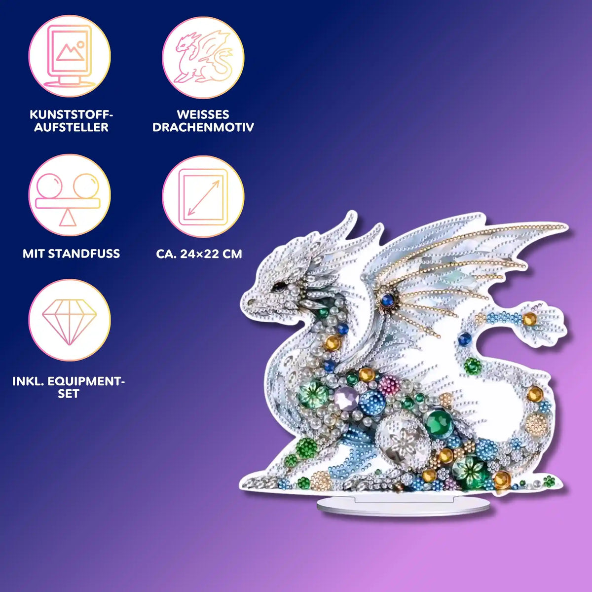 Diamond Painting Aufsteller Weißer Drache mit bunten Steinen als dekoratives Zubehör