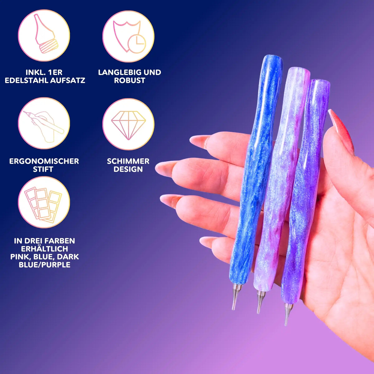 Ergonomischer Diamond Painting Stift im Schimmer-Design mit Edelstahl-Aufsatz für präzises Diamond Painting Zubehör