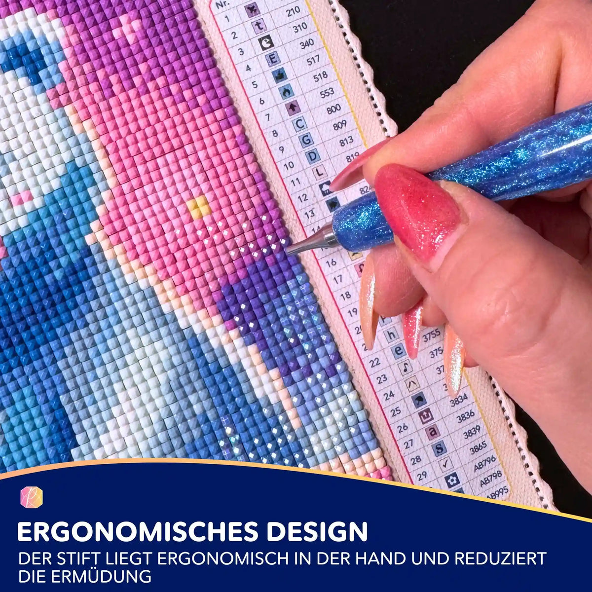 Glitzernder Diamond Painting Stift beim Setzen bunter 5D Diamanten auf eine Leinwand mit Symbol-Legende