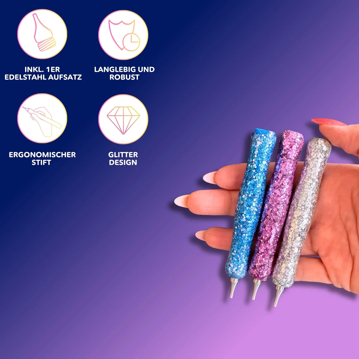 Ergonomischer Diamond Painting Stift mit Glitzer-Design und Edelstahl-Aufsatz als praktisches Diamond Painting Zubehör.