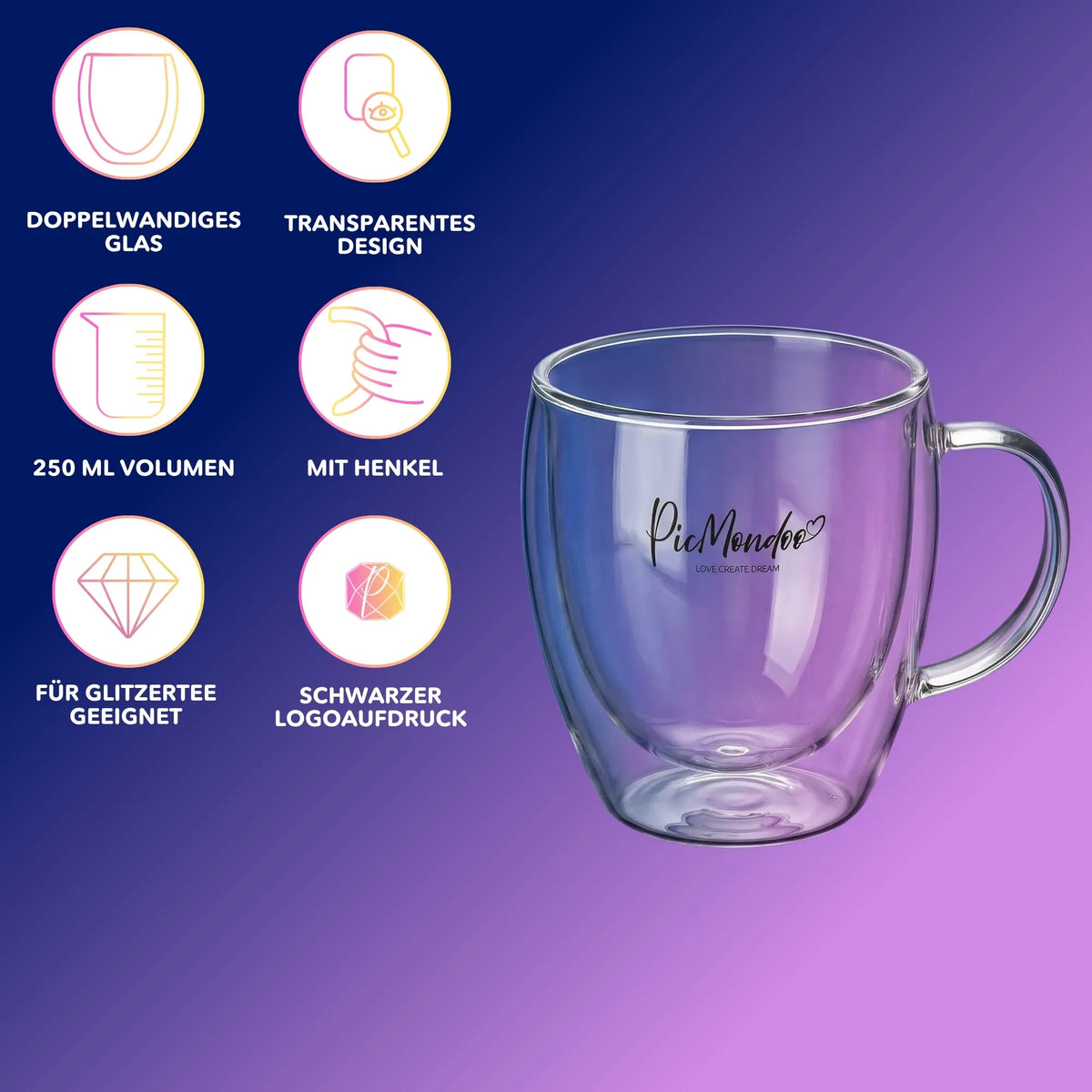 Doppelwandiges Picmondoo Teeglas für Diamond Painting Fans mit 250 ml Fassungsvermögen und schwarzem Logoaufdruck.