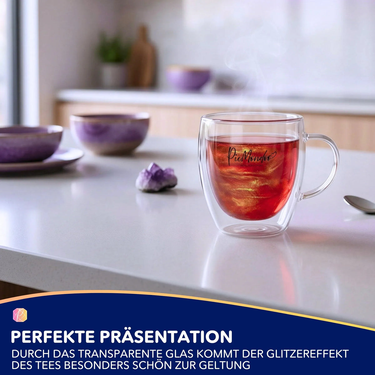 Picmondoo Teeglas mit dampfendem Glitzer-Tee für entspannte Momente beim Diamond Painting und Malen nach Zahlen