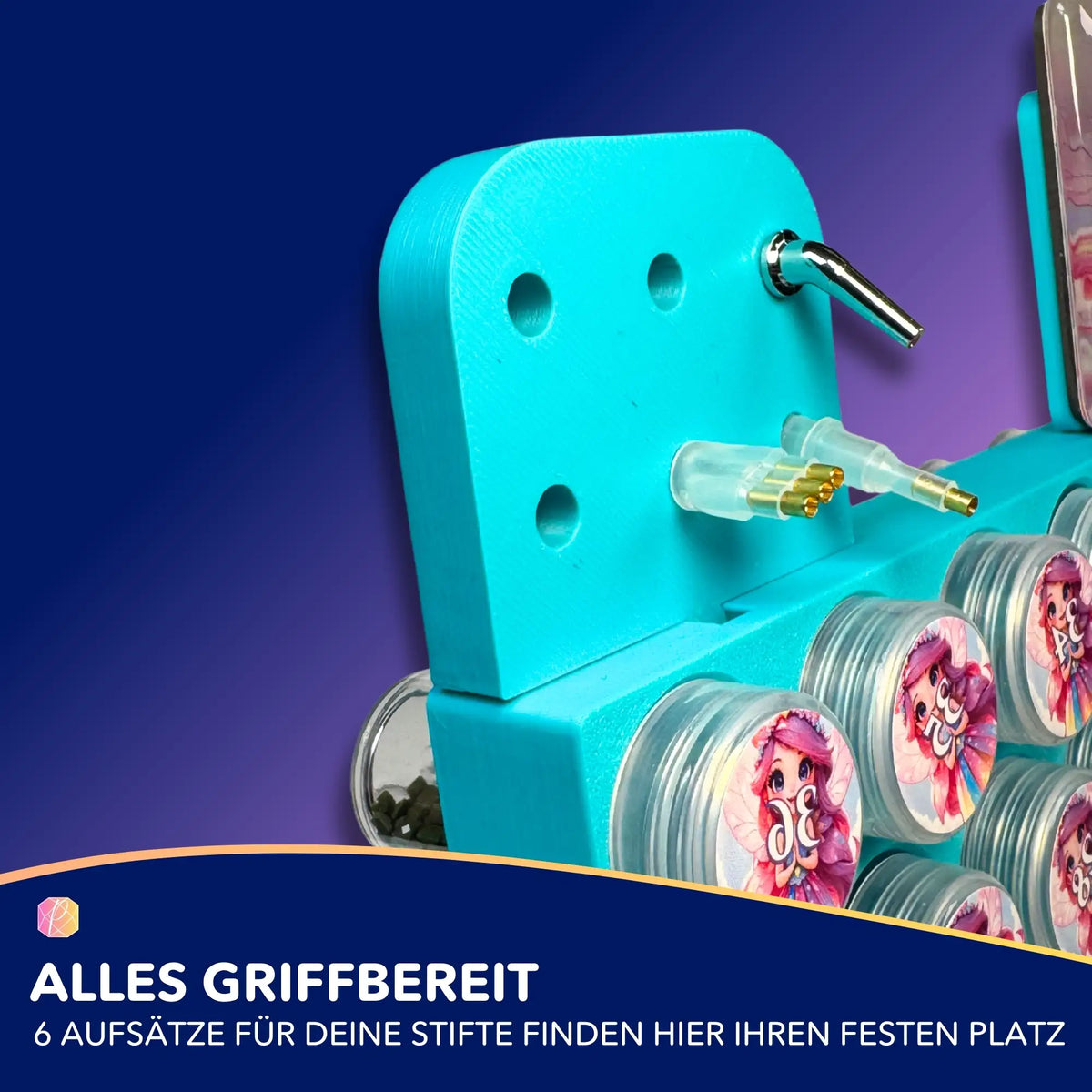 Türkise 3D-gedruckte Diamond Painting Halterung für Stift-Aufsätze und Aufbewahrungs-Döschen zur organisierten Arbeit.