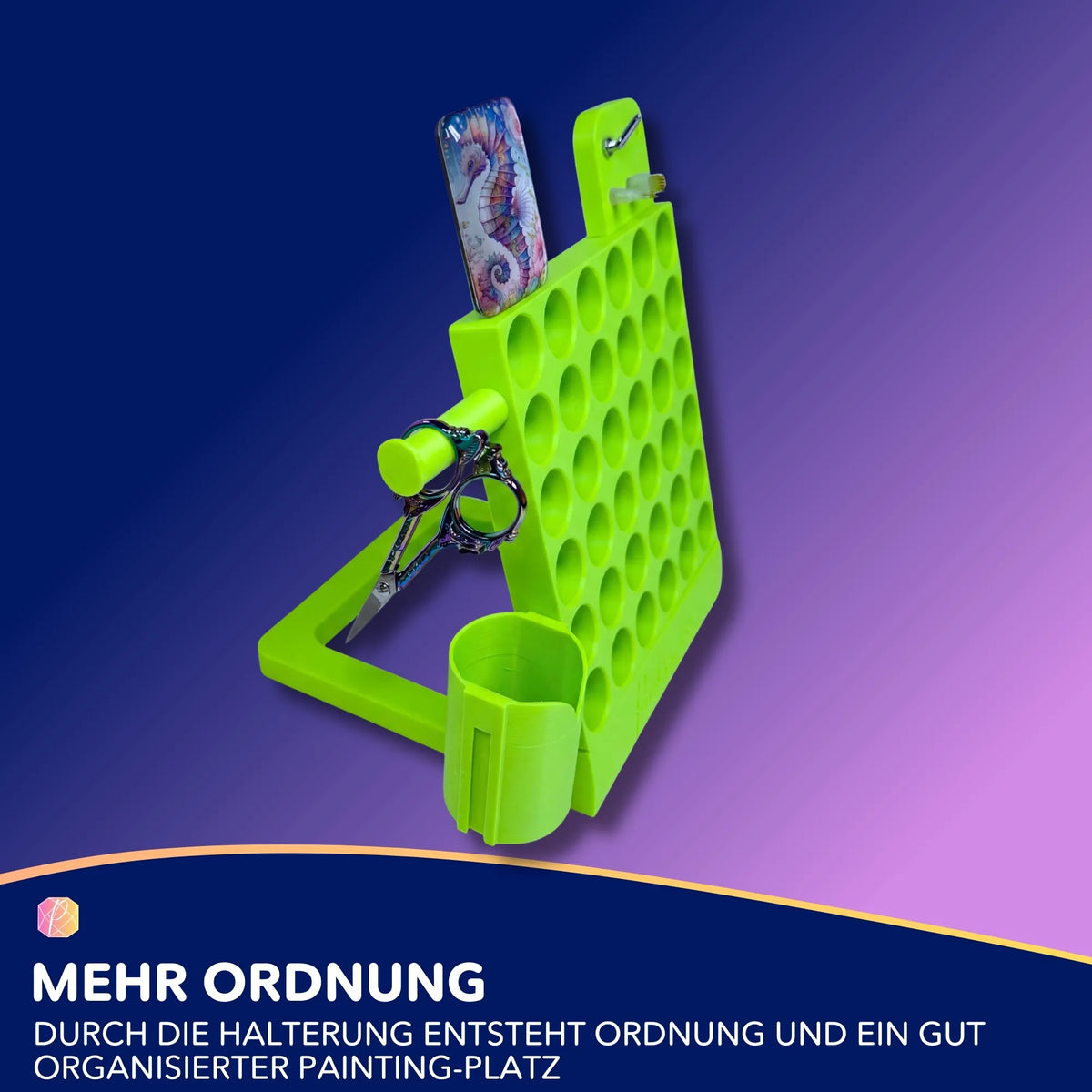 Neongrüner 3D-gedruckter Stiftehalter für Diamond Painting Zubehör zur optimalen Ordnung am Arbeitsplatz.