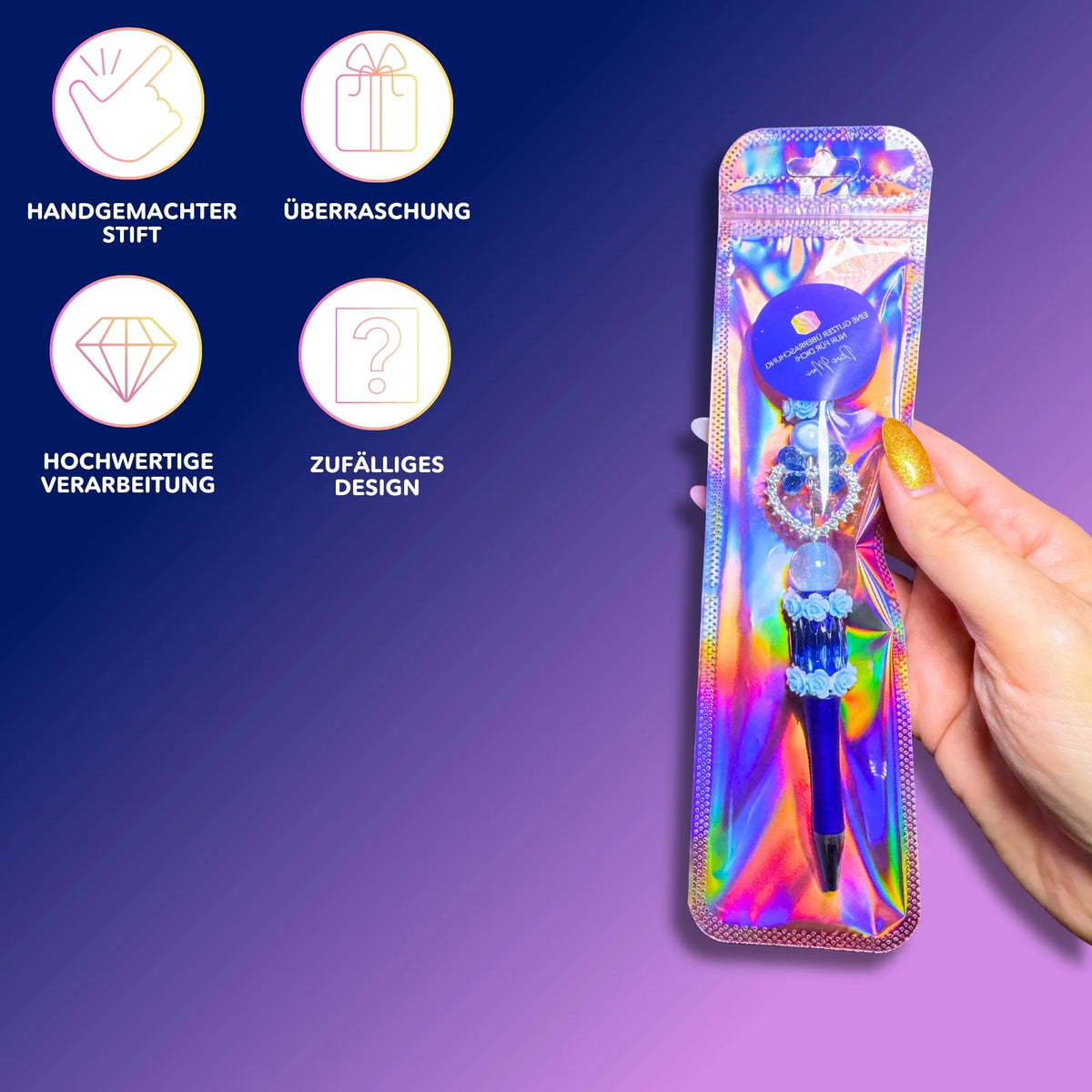 Handgemachter Diamond Painting Stift in holografischer Verpackung, ideal als einzigartiges Zubehör für Bastler.