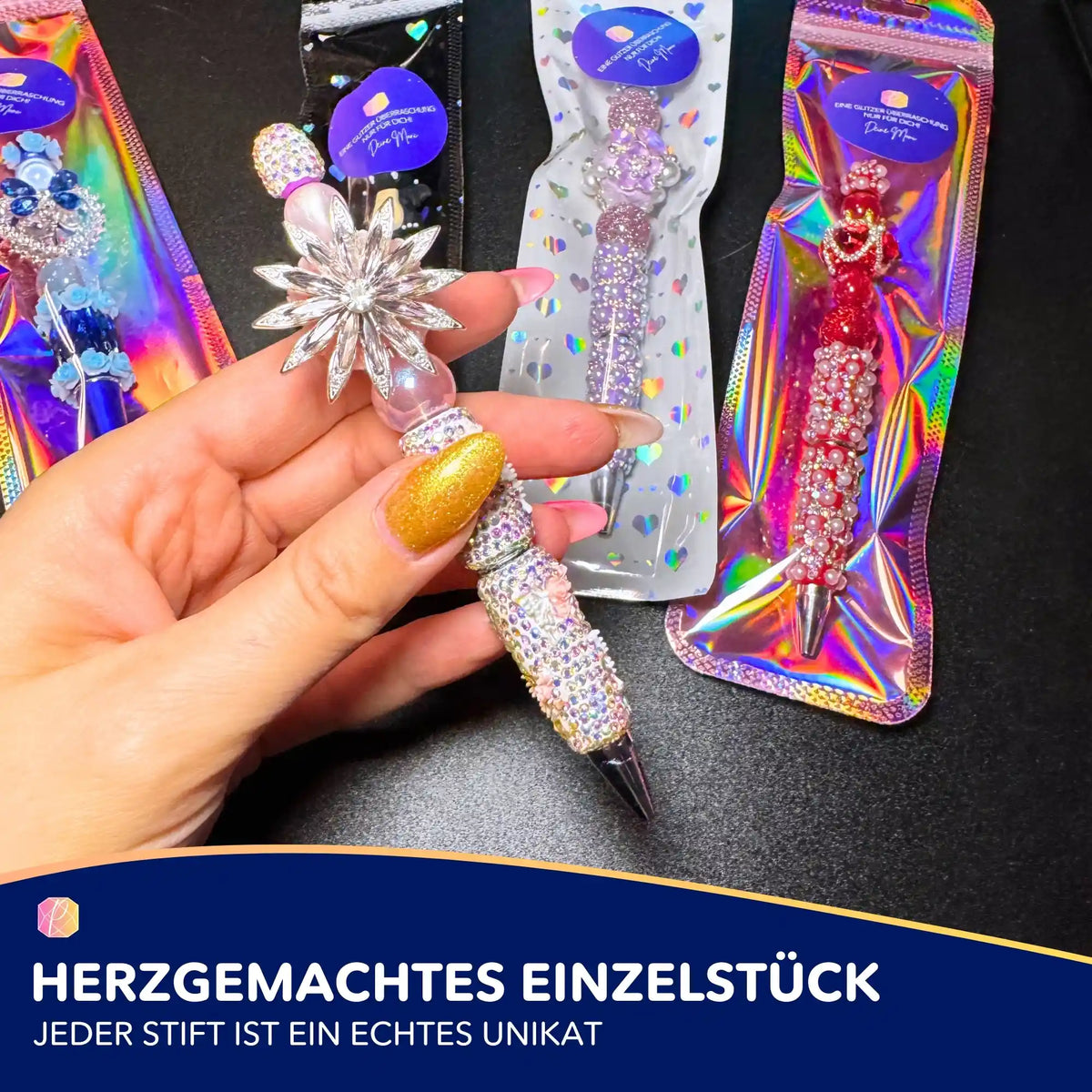 Handgemachter Diamond Painting Stift mit glitzernden Steinchen und Blumen-Deko als edles DIY Zubehör für Bastler
