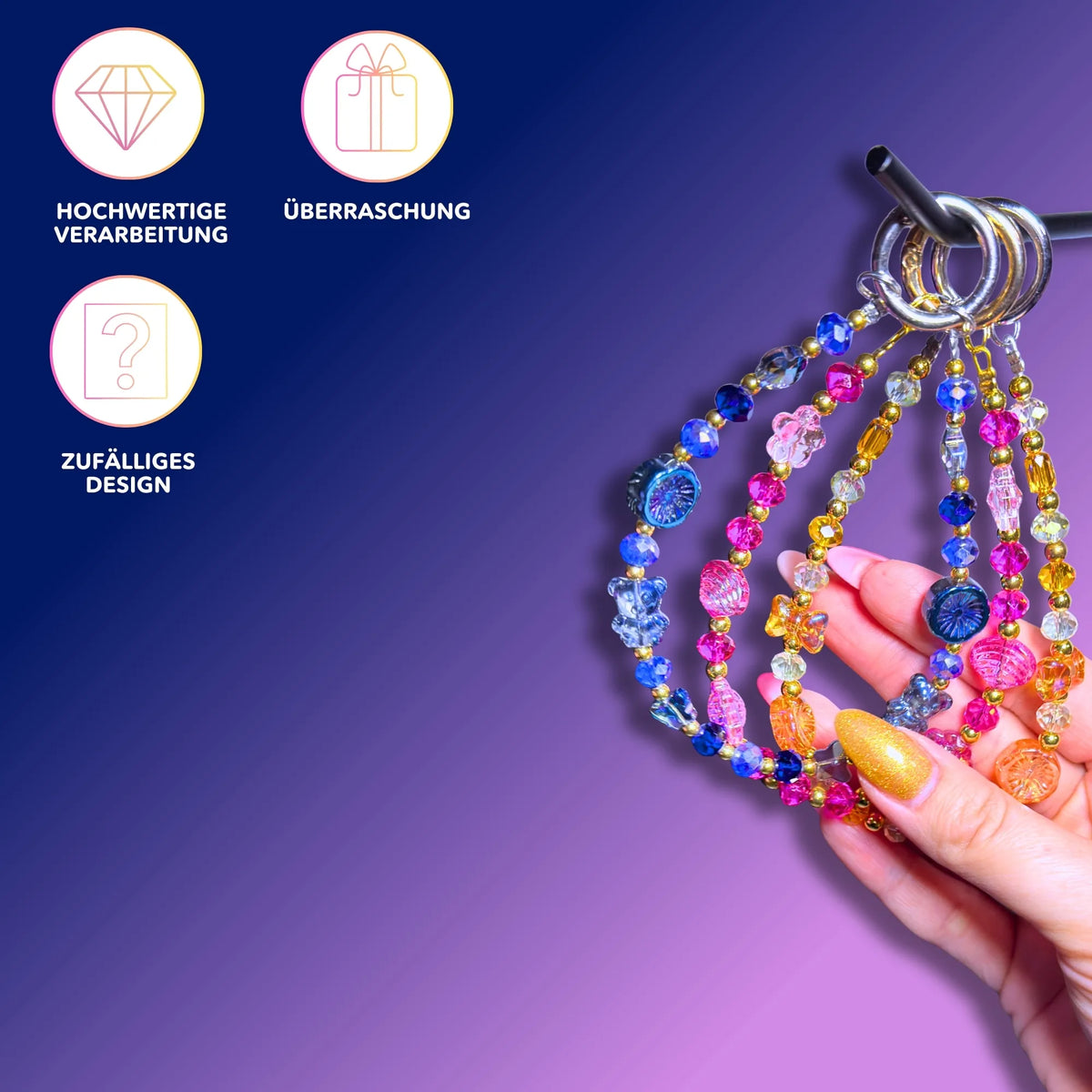 Stylische Handykette von Picmondoo mit bunten Perlen und hochwertigen Details als Überraschungs-Accessoire für Smartphones.