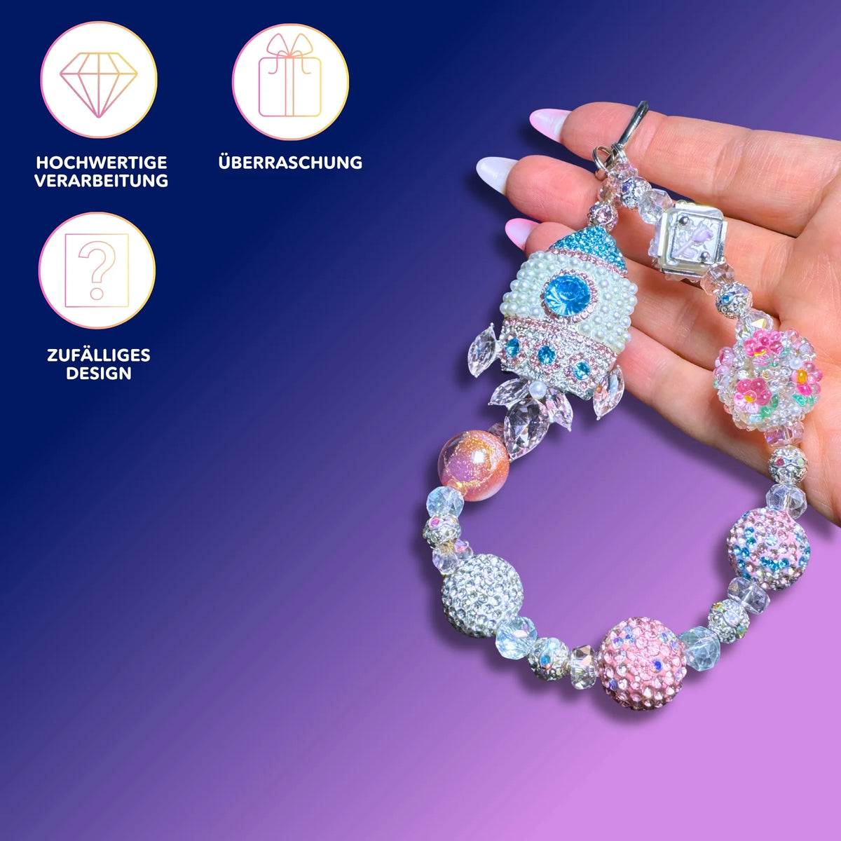 Stylische Taschenkette von Moni mit funkelnden Glitzersteinen als modisches Handtaschen-Zubehör in Überraschungs-Design