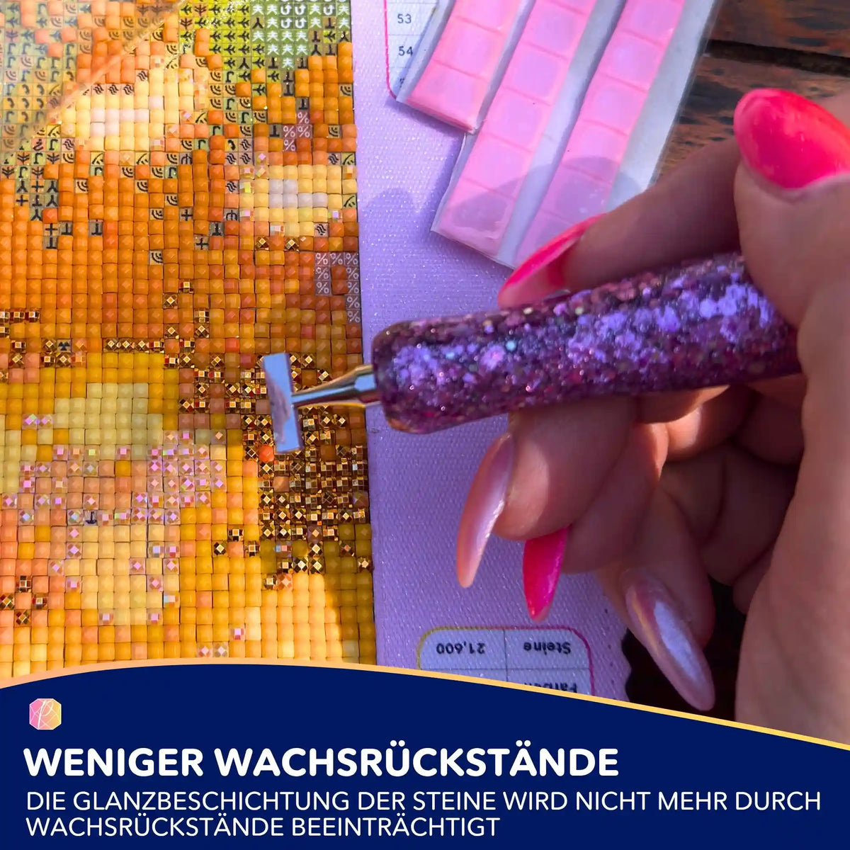 Diamond Painting mit pinkem Putty und Glitzer-Stift auf Leinwand mit gelben Steinchen