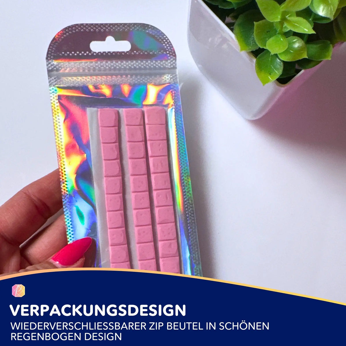 Pinke Diamond Painting Putty Pads in holografischem Zip-Beutel als praktisches Diamond Painting Zubehör