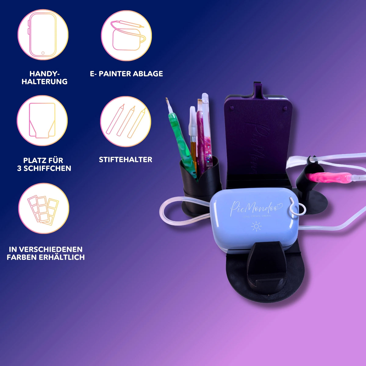 3D-gedruckter Diamond Painting Organizer mit Stiftehalter, E-Painter-Ablage und Handyhalter für mehr Ordnung am Basteltisch.