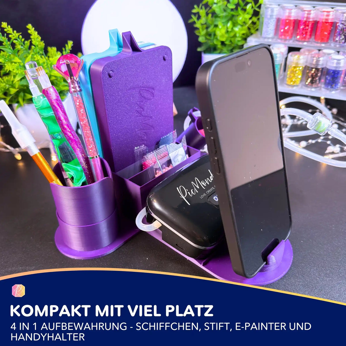 3D-gedruckter Diamond Painting Organizer in Violett mit Stiftehalter, Schiffchen-Halter und Handyhalter für Bastelzubehör