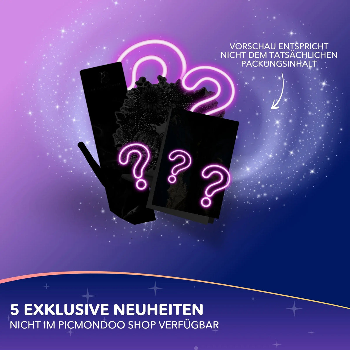 Picmondoo Diamond Painting Mystery Box Geburtstag mit exklusiven DIY-Sets und Zubehör als kreatives Überraschungsgeschenk.