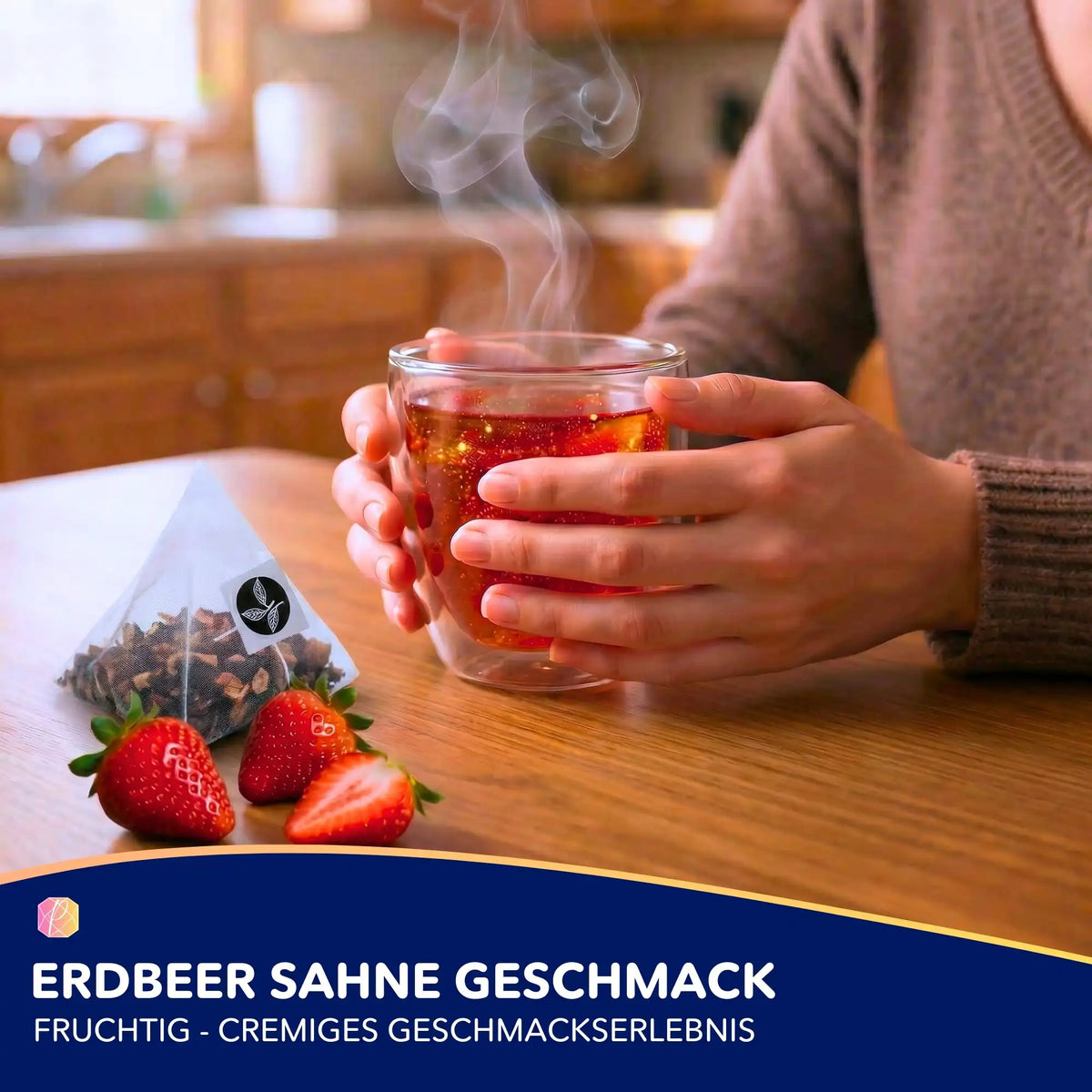 Sparkle Tee für Diamond Painting Fans: Erdbeer-Sahne-Tee in einer Tasse neben frischen Erdbeeren und einem Teebeutel.