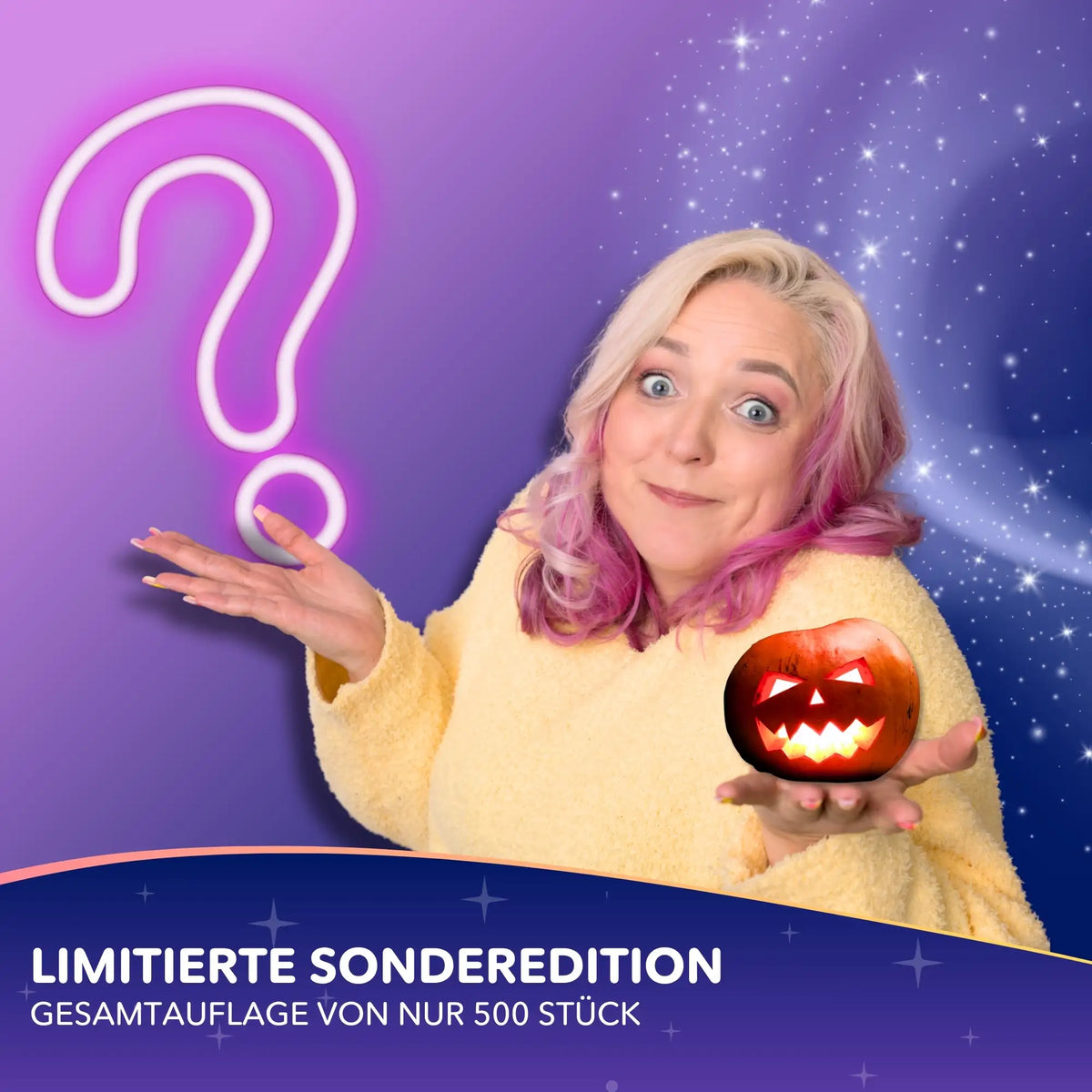 Frau mit Diamond Painting Mystery Box Halloween Edition, limitiertes Set mit Kürbis-Motiv und glitzernden Effekten.