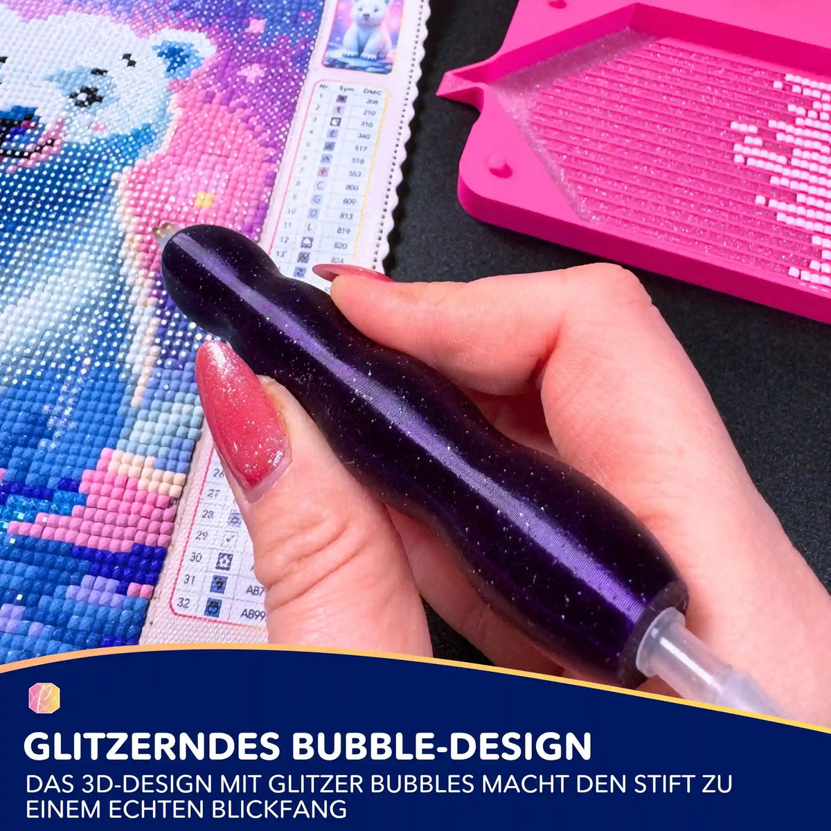 Dunkelvioletter 3D Bubble Diamond Painting Stift mit Glitzer bei der Anwendung auf einer Diamond Painting Leinwand