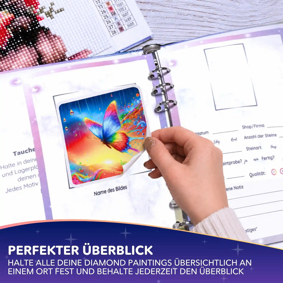 Diamond Painting Vorratsbuch zum Organisieren von Diamanten Painting Projekten und Notizen