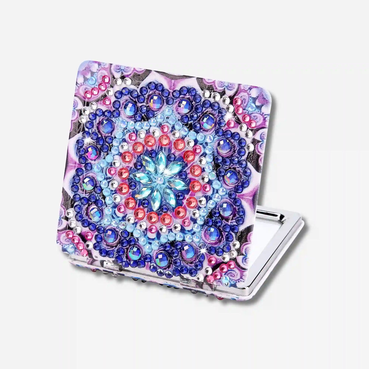 Diamond Painting Taschenspiegel mit buntem Mandala-Motiv und funkelnden, runden Strasssteinen