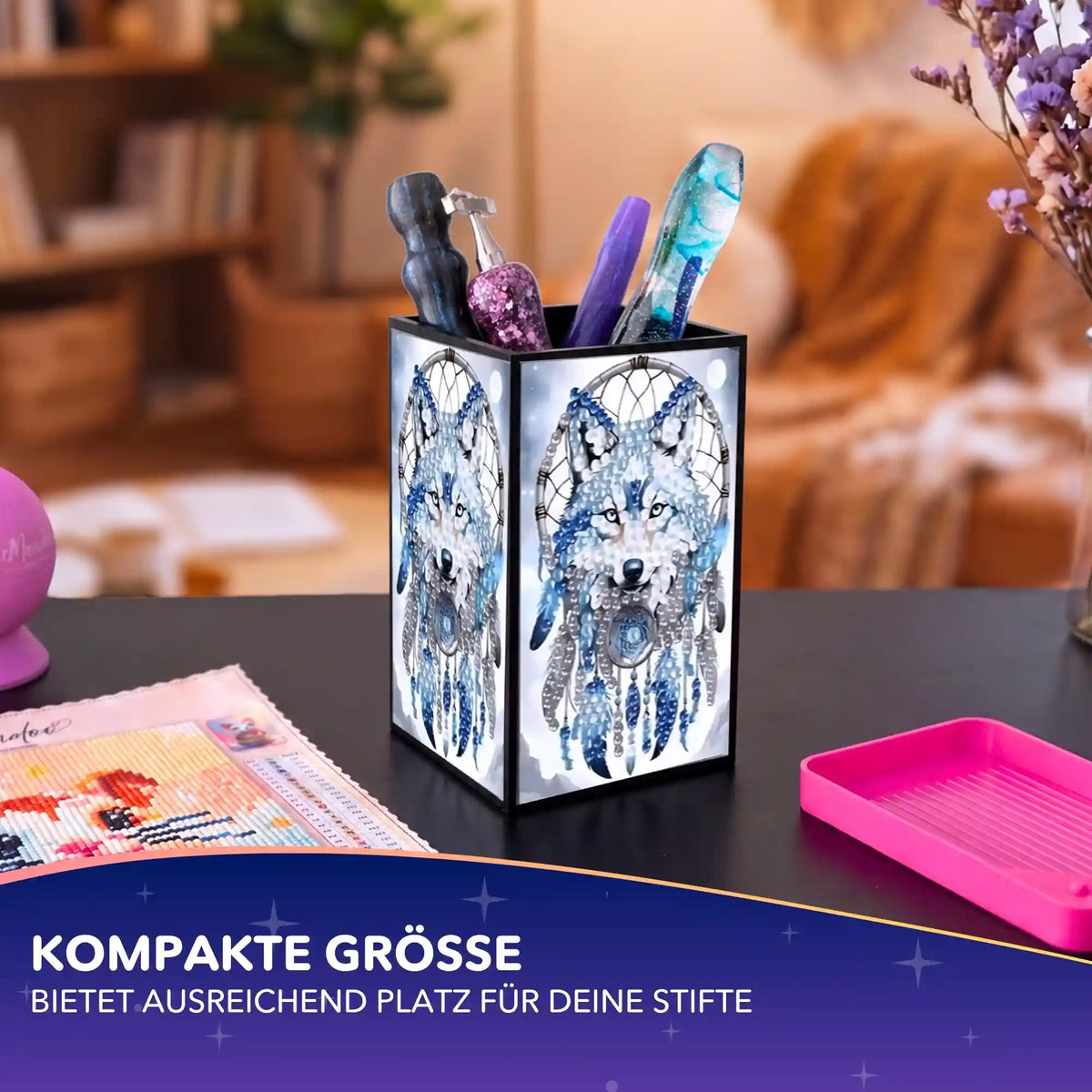 Diamond Painting Stiftehalter mit Wolf-Motiv und Traumfänger-Design als praktischer Schreibtisch Organizer für Bastelzubehör