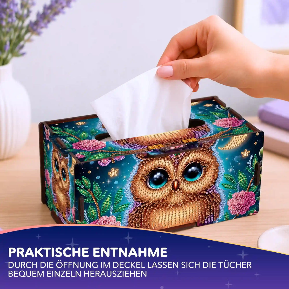 Diamond Painting Tücherbox mit Eulenmotiv und glitzernden Strasssteinen als dekoratives DIY-Set für Zuhause