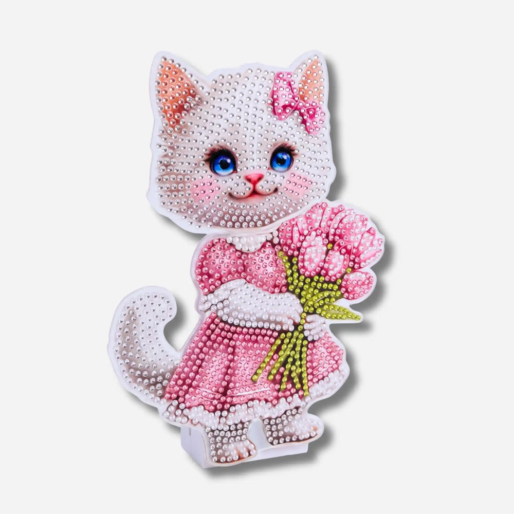 Diamond Painting - Présentoir chat qui remue la tête avec bouquet de fleurs