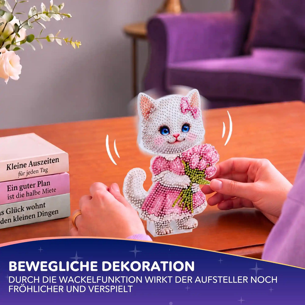 Diamond Painting Wackelkatze Aufsteller mit Blumenstrauß und funkelnden Steinen als kreative Bastel-Deko