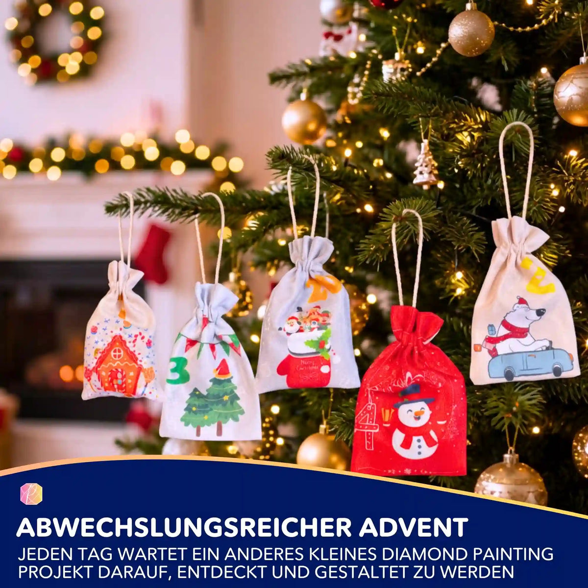 Diamond Painting Adventskalender für Kinder mit bunten Motiv-Säckchen am Weihnachtsbaum für kreative Bastelstunden.