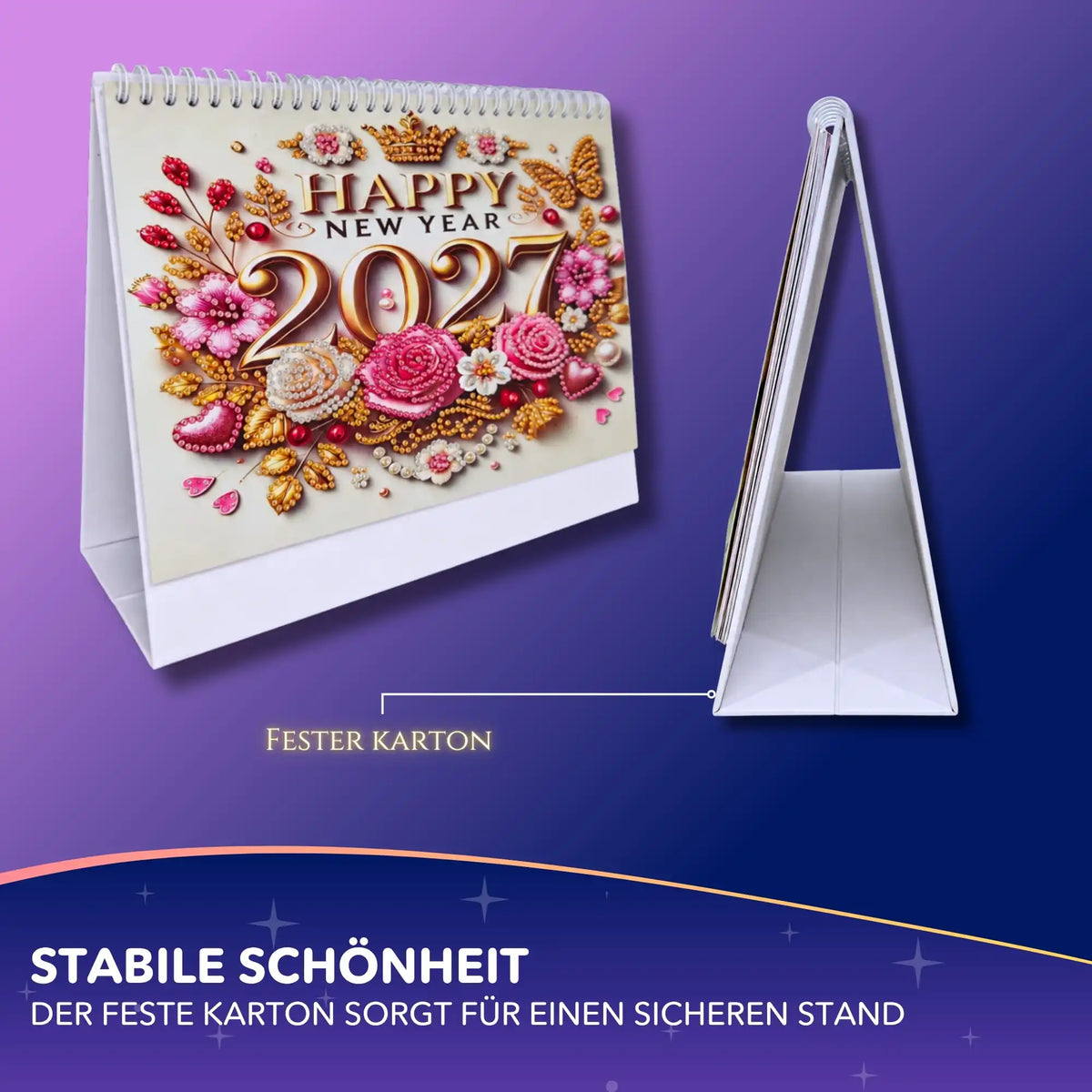 Diamond Painting Kalender 2027 als Aufstellkalender mit Blumen-Motiv und glitzernden Steinchen für kreative DIY-Fans