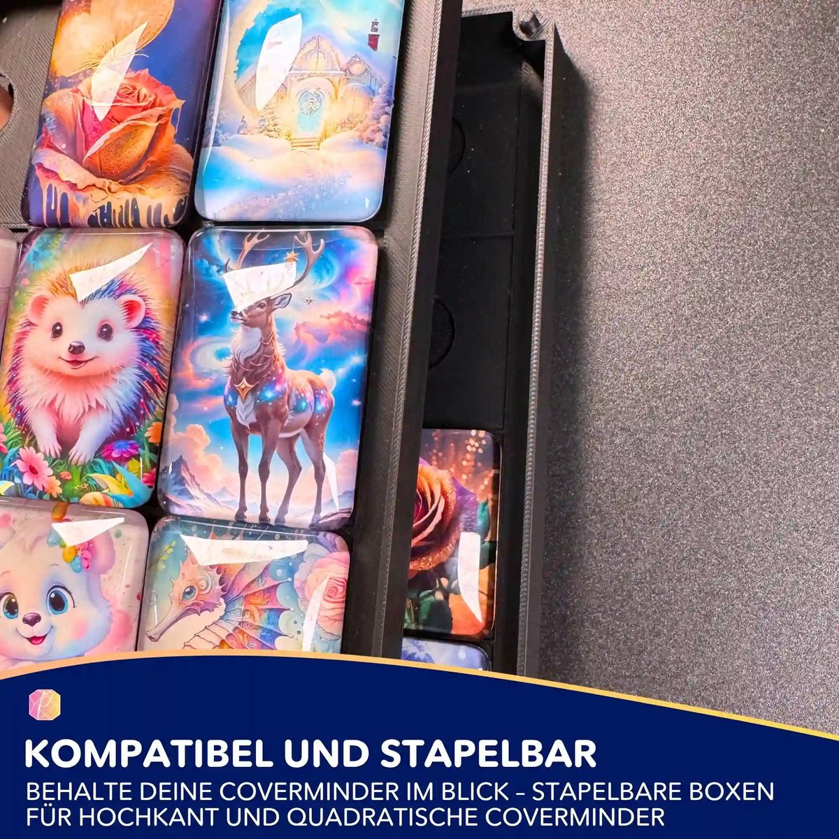 3D Coverminder Box zur organisierten Aufbewahrung von magnetischem Diamond Painting Zubehör mit verschiedenen Motiven.