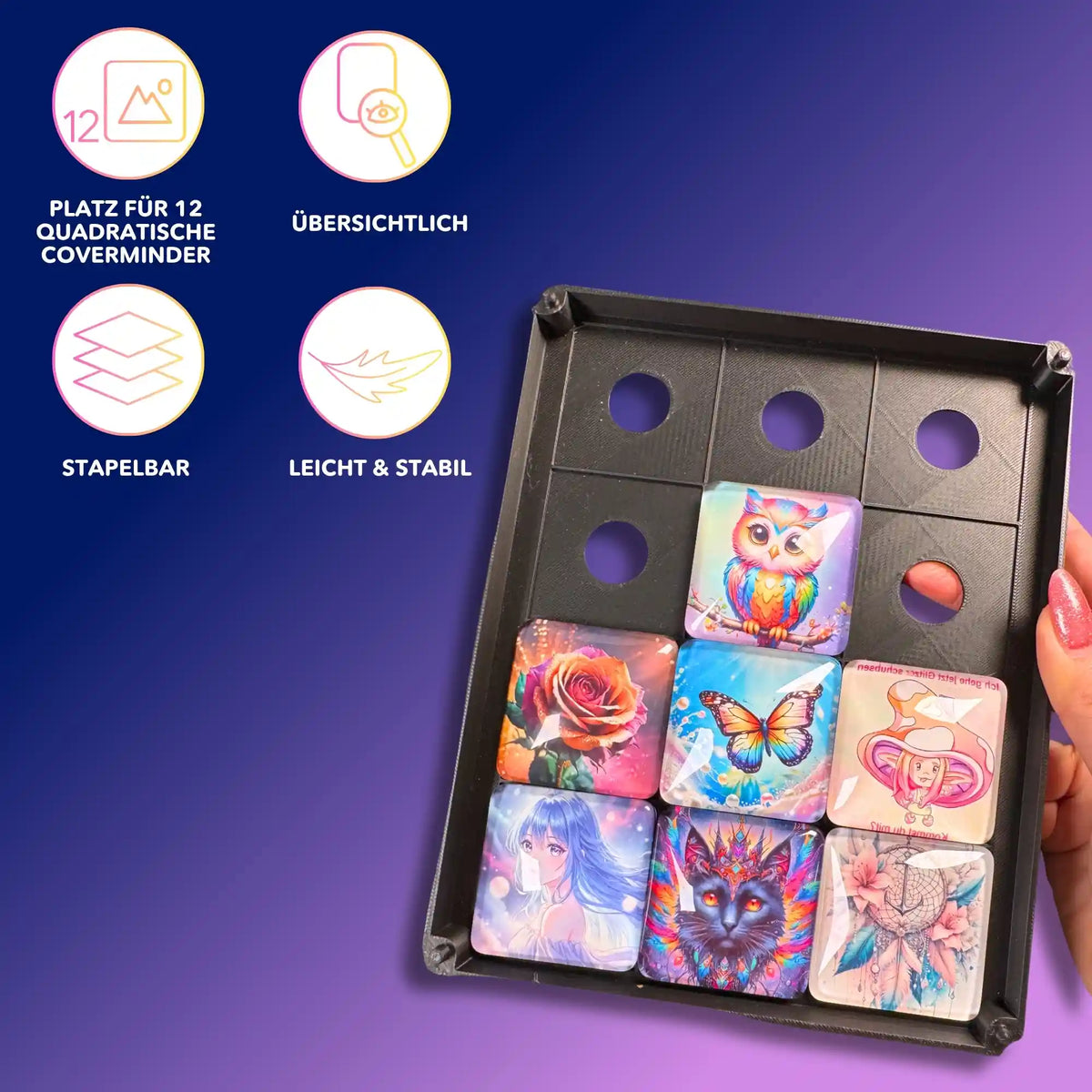 3D Coverminder Box für Diamond Painting Zubehör mit Platz für 12 quadratische Motive zur Aufbewahrung