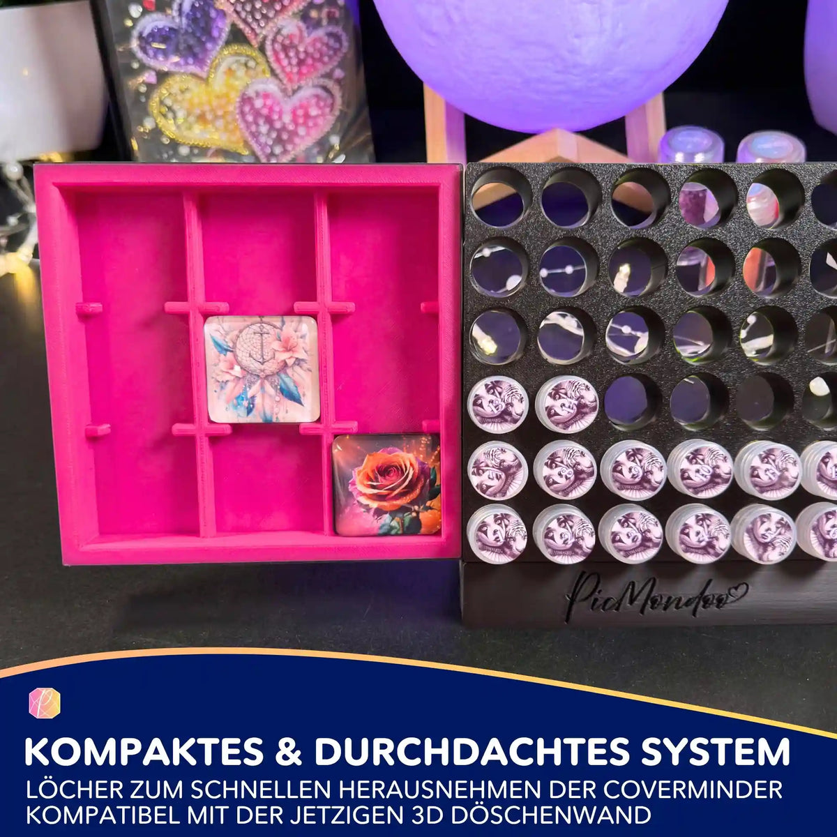 Schwarzes 3D Coverminder Brett mit pinken Ablagefächern zur stilvollen Aufbewahrung von Diamond Painting Zubehör